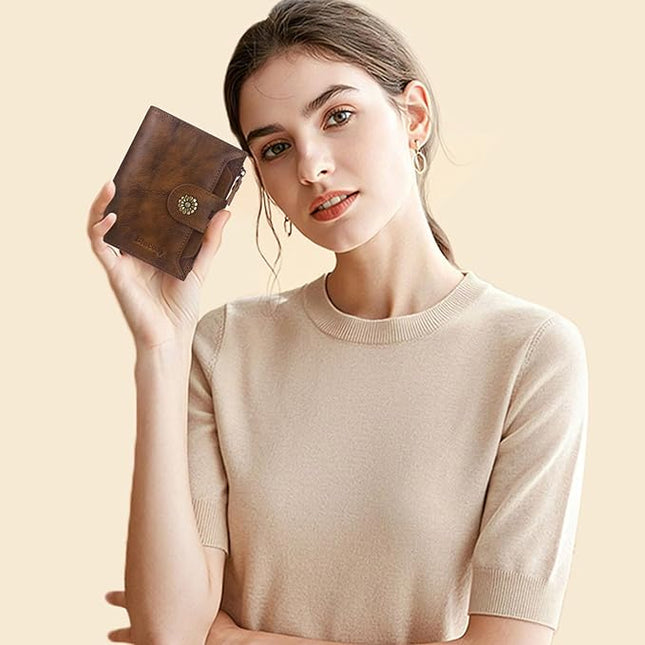 Blucoay Wallet Women,RFID Blocking Leather Womens Wallet Bifold Compact Card Holder Small Wallet for Women with Removable ID Window Darkbrown