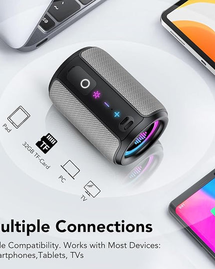 Portable Bluetooth Speaker with Lights, Bluetooth 5.4 Speaker, Powerful Crystal Clear Sound,15W Loud Stereo Sound, All Day Playtime,IPX7 Waterproof,TWS pairing for Outdoor/Travel/Party/Home,Gray