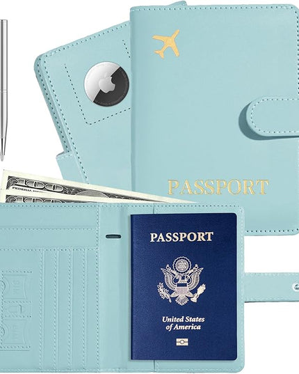 Passport Holder with Airtag Slot Cards Cash Air Ticket Pocket, Travle Gifts for Women Men RFID Blocking Wallet, Passport Book Cover Case Light Cyan