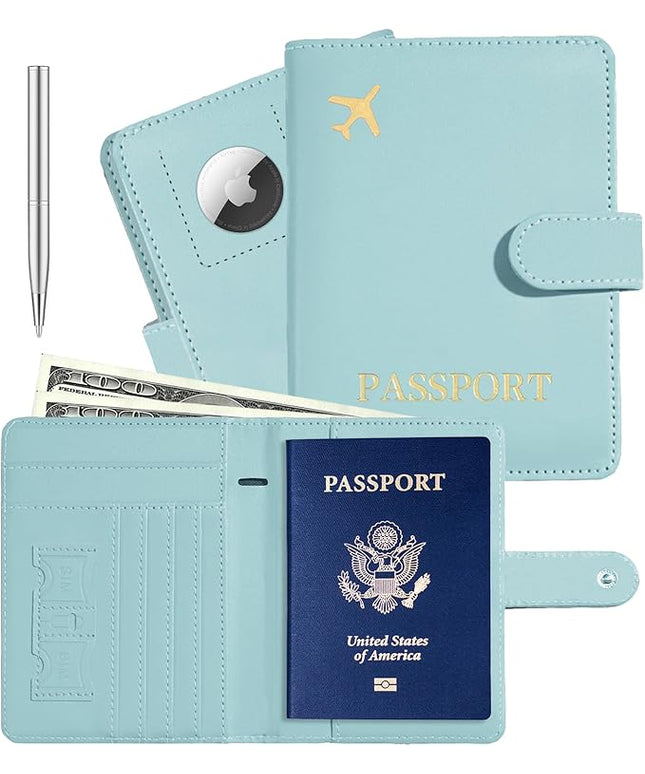 Passport Holder with Airtag Slot Cards Cash Air Ticket Pocket, Travle Gifts for Women Men RFID Blocking Wallet, Passport Book Cover Case Light Cyan