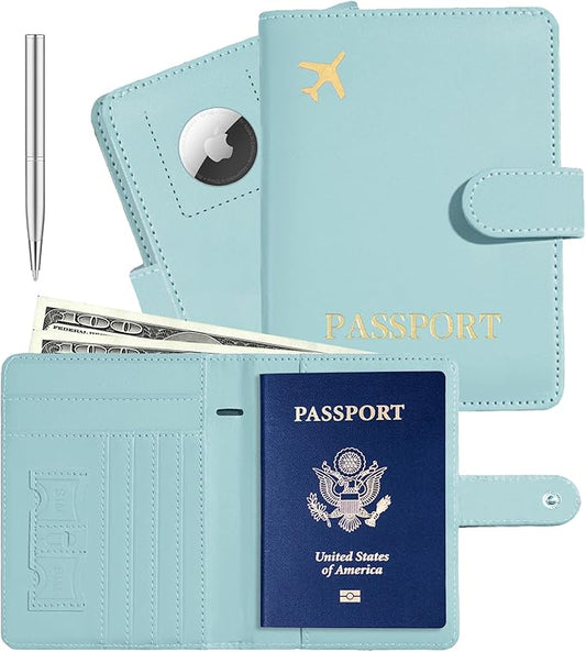 Passport Holder with Airtag Slot Cards Cash Air Ticket Pocket, Travle Gifts for Women Men RFID Blocking Wallet, Passport Book Cover Case Light Cyan