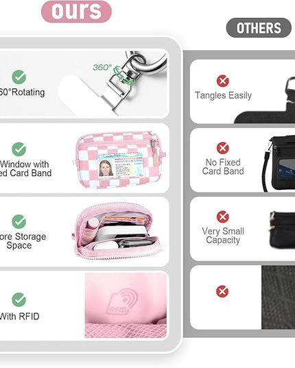 Clip and Go Strap for Phone with Wallet Crossbody Phone Lanyard and Detachable Checkered Bag with ID Window and RFID Pouch for Daily Travel.