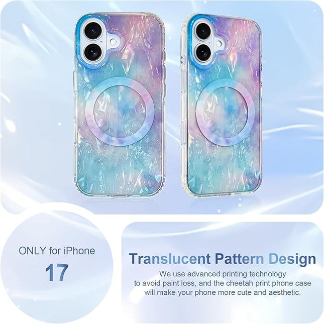 Cute Case for iPhone 17 Case for Women Girls [Compatible with Magsafe] with Translucent Pearl Pattern Design, Aesthetic Girly Magnetic Protective Phone Cover, Blue