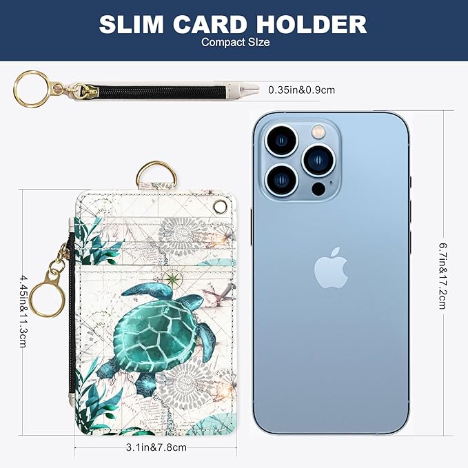 Slim Wallet Credit Card Holder, Map TurtleX, RFID Wallet Women Cute Small Front Pocket Wallet With Zipper, PU Leather Thin travel RFID Blocking Card Case ID Window,Ladies Gifts