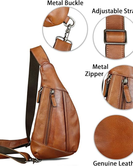 LRTO Genuine Leather Sling Bag for Men and Women Vintage Real Leather Crossbody Chest Bags Backpack Purse for Travel Hiking