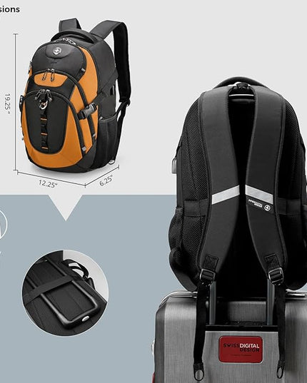 Swissdigital Design Laptop Backpack with USB Charging Port, Travel Backpack Fits 15.6 inches Computer, 31L College School Backpack for Men, Orange/Black | SD803-66