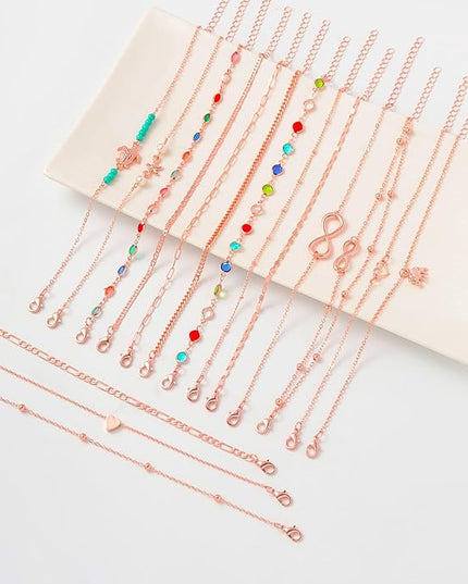 Starain 12Pcs Summer Beach Anklets for Women Waterproof Gold Silver Chain Ankle Bracelets Cute Women's Foot Anklet Set 7.9-10.5 inch Adjustable