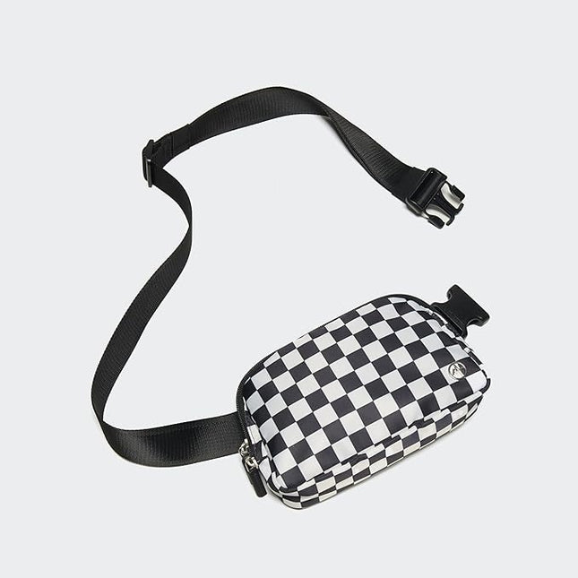 Pander Two Way Zipper Fanny Pack Nylon Everywhere Belt Bag for Women, Water Repellent Waist Packs, Crossbody Bags with Adjustable Strap (Checkered Black)