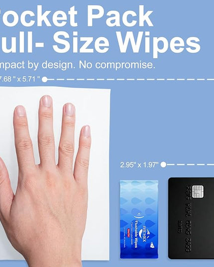 Travel Flushable Wipes for Adults & Kids, 112 Count (16 Packs of 7), Value Pack, Unscented & Hypoallergenic, Travel Essentials, Mini Wet Wipes with Aloe Vera, 99% Water, for Sensitive Skin