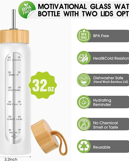 32 oz Glass Water Bottle with Straw - Motivational Time Marker & Silicone Sleeve - Reusable Tumbler Includes 2 Bamboo Lids & Fruit Infuser - 1 Pack