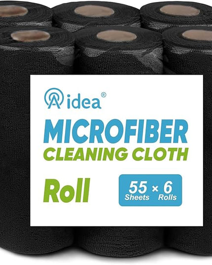 AIDEA Microfiber Cleaning Cloth 330 Sheets 6 Roll, Black Microfiber Towels for Cars, Shop Rags Washable, Cleaning Rags Reusable Paper Towels for Automotive, Mechanic, Workshops, House, 11×9"