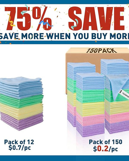 Microfiber Towels Bulk-150 Pack, Cleaning Cloths, Microfiber Towels for Cars, Cleaning Rags 5 Colors Assorted (12x12 inches)
