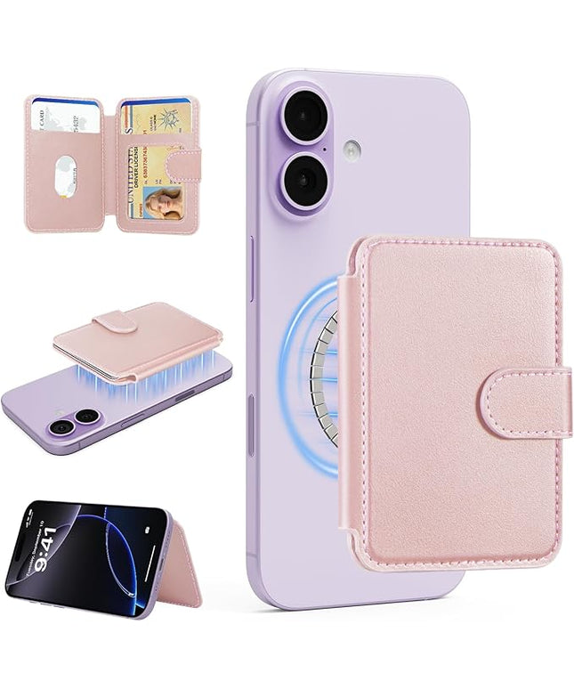 TopMade for Magsafe Wallet, Strongest Magnetic Card Holder for iPhone 17/16/15/14/13/12 Series, Slim Magnetic Phone Wallet, 4 Cards Holder, Vegan Leather, RFID Blocking, Open ID Window, Pink