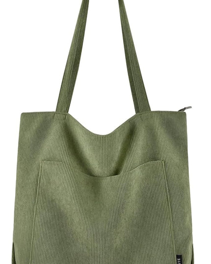 Prite Corduroy Tote Bag for Women Large Shoulder Bag with Zipper and Pockets for College Work Travel Shopping