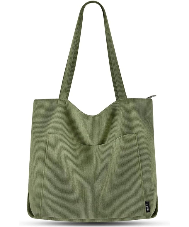 Prite Corduroy Tote Bag for Women Large Shoulder Bag with Zipper and Pockets for College Work Travel Shopping