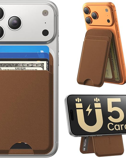 Fanseesy for MagSafe Wallet with Stand, 5 Card Holder, Slim Leather Magnetic Wallet for iPhone 17/16/15/14/13/12 Pro Max Plus Air Series, 3 Card Slots & 1 Cash Slot,Coffee