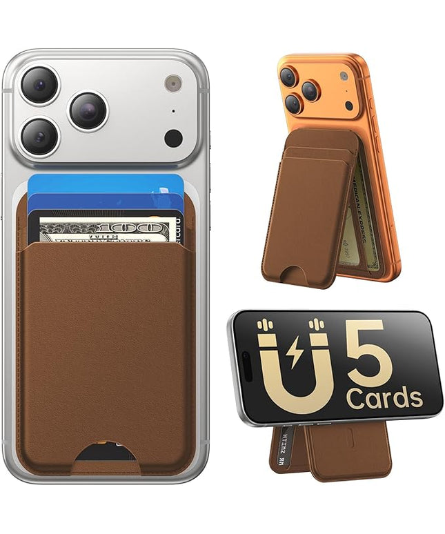 Fanseesy for MagSafe Wallet with Stand, 5 Card Holder, Slim Leather Magnetic Wallet for iPhone 17/16/15/14/13/12 Pro Max Plus Air Series, 3 Card Slots & 1 Cash Slot,Coffee