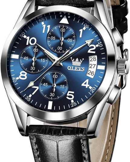 OLEVS Men's Chronograph Leather Watch, Big Face Easy to Read Analog Quartz Dress Watch, Casual Waterproof Luminous Hands Date Watches for Men, White/Blue/Black/Gold Dial