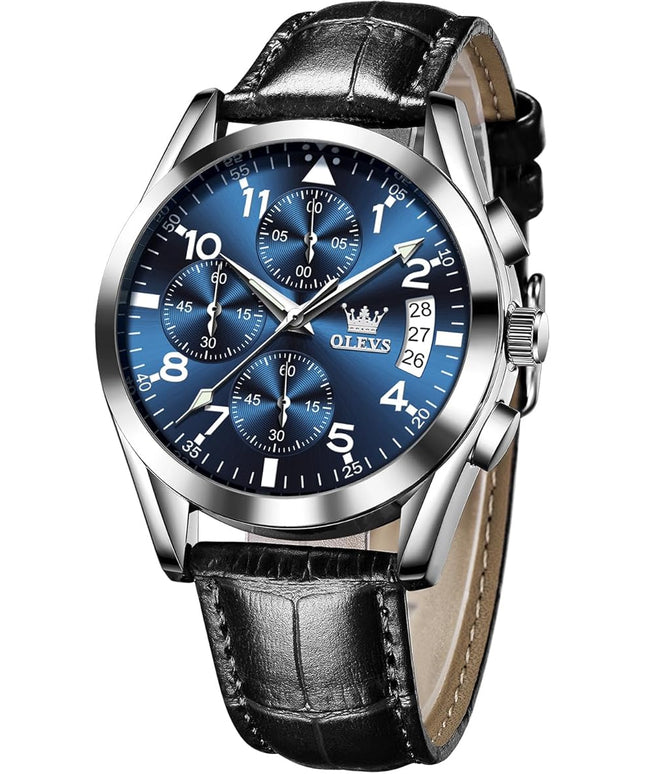 OLEVS Men's Chronograph Leather Watch, Big Face Easy to Read Analog Quartz Dress Watch, Casual Waterproof Luminous Hands Date Watches for Men, White/Blue/Black/Gold Dial
