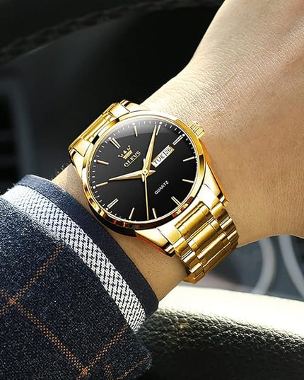 OLEVS Men's Luxury Watch Waterproof Luminous Easy Read Chronograph Watches Full Gold/White Dail/Black Face with Calendar Wristwatch
