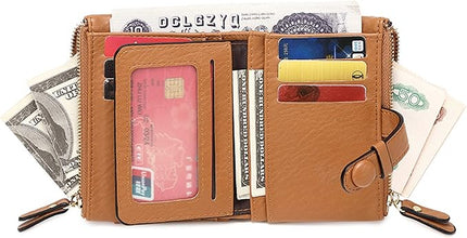 AOXONEL Women's Wallets Leather Wallets for Women Rfid Small Ladies Wallet Billfolds for Women,Trifold Mini Wallets for Women with Double Zipper Coin Pocket (Brown)