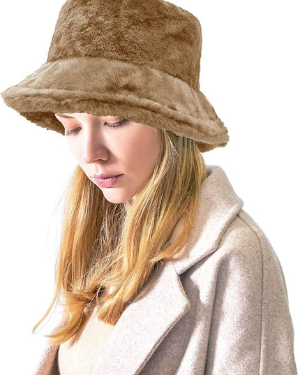 Women Plush Fluffy Bucket Hat Warm Lining Winter Faux Fur Cozy Wide Brim Winter