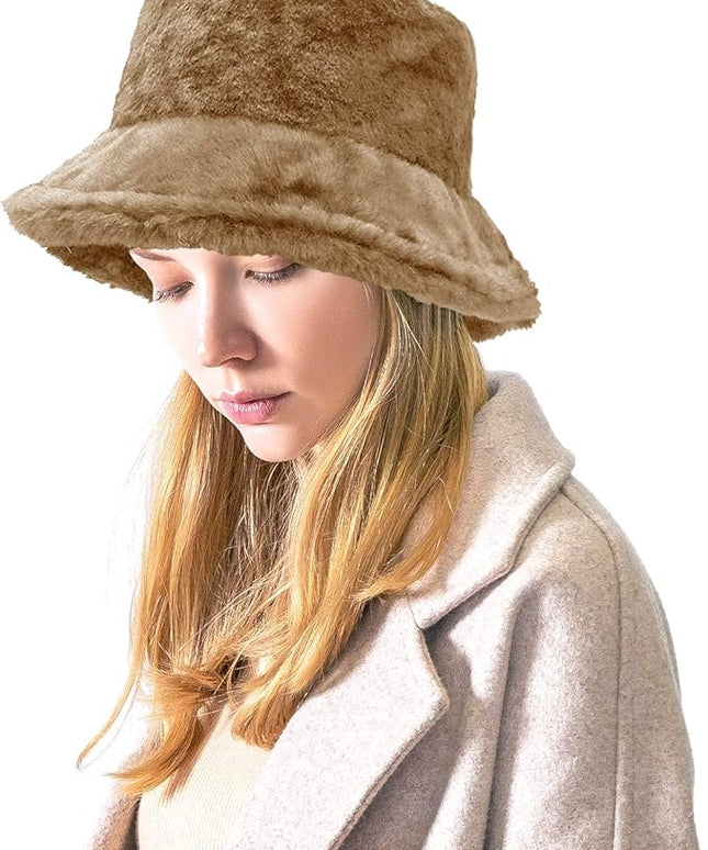 Women Plush Fluffy Bucket Hat Warm Lining Winter Faux Fur Cozy Wide Brim Winter