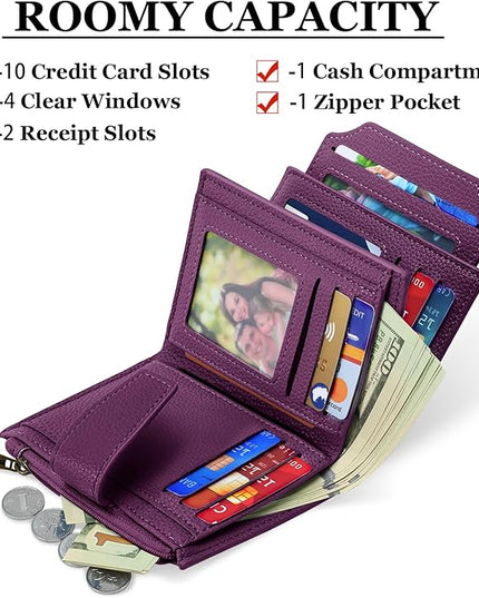 Airkit Small Wallet Women RFID Blocking Soft Leather Bifold Compact Card Holder Wallet for Women with Zipper Coin Pocket 4 ID Window