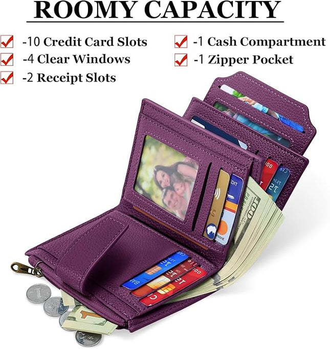 Airkit Small Wallet Women RFID Blocking Soft Leather Bifold Compact Card Holder Wallet for Women with Zipper Coin Pocket 4 ID Window