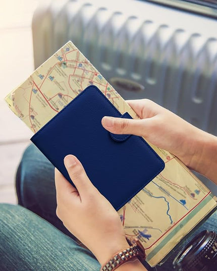 HOTCOOL Passport Holder Travel Essentials Airplane & Cruise Essentials Ship Leather Wallet Cover Case RFID Blocking Women & Men Vacation Travel Accessories Gifts Deals, Litchi - Navy Blue