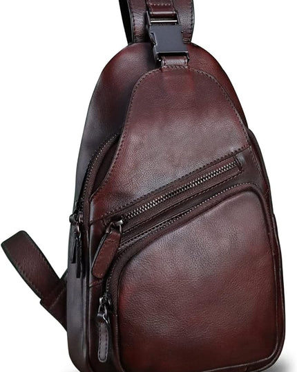Genuine Leather Sling Bag Crossbody Purse Handmade Hiking Daypack Motorcycle Bag Retro Shoulder Backpack Vintage Chest Bag (Coffee)
