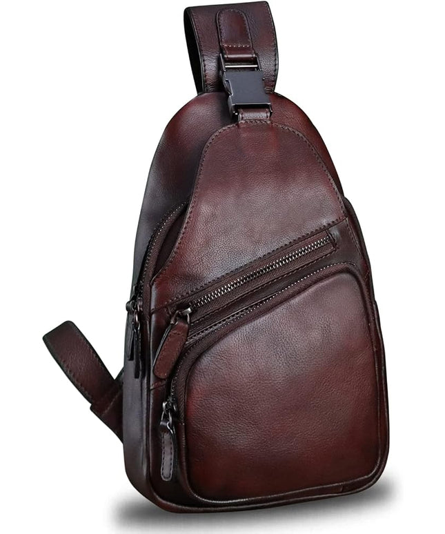 Genuine Leather Sling Bag Crossbody Purse Handmade Hiking Daypack Motorcycle Bag Retro Shoulder Backpack Vintage Chest Bag (Coffee)
