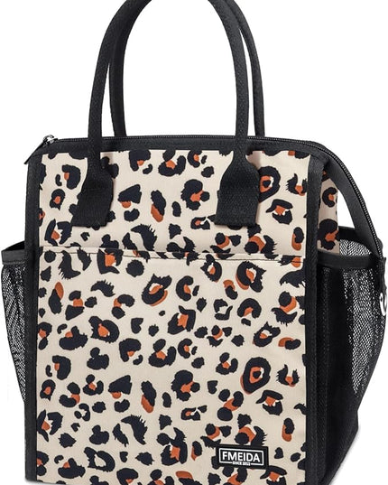 Fmeida Lunch bag, Insulated Lunch Bag for Women Adult Large Lunch Box Container, Reusable Leakproof Cooler Lunch Bags, Fashion Leopard Lunch Tote for Office Work Picnic Beach Travel