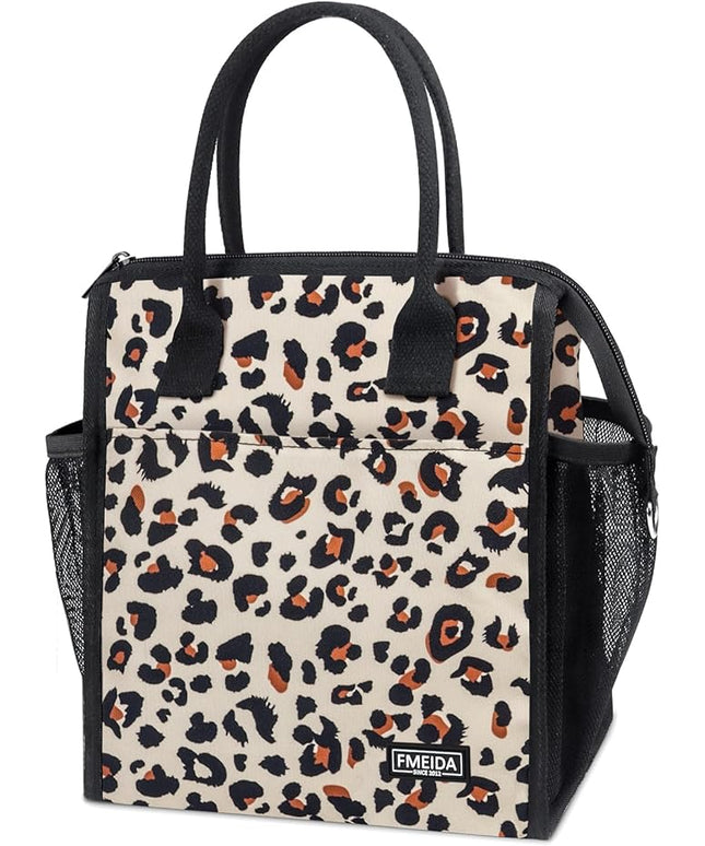 Fmeida Lunch bag, Insulated Lunch Bag for Women Adult Large Lunch Box Container, Reusable Leakproof Cooler Lunch Bags, Fashion Leopard Lunch Tote for Office Work Picnic Beach Travel