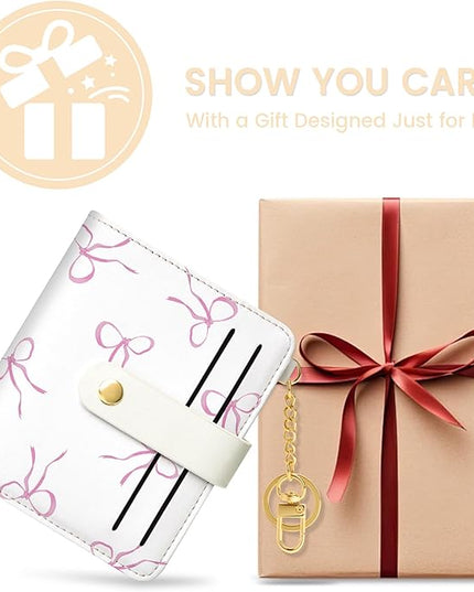 Sodsay Small Slim Wallet Women RFID Blocking, PU Leather Bifold Ladies Wallet with Zipper Coin Pocket, Thin Cute Travel Card Wallets for Girls, Pink Whimsical Bows