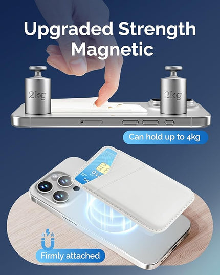 SS Magnetic Card Wallet Compatible with iPhone 16 15 14 13 12 Pro Max Plus Series - Strongest Magnetic Leather Card Holder Stick on for Apple Cell Phone, Mag Safe Wallet for Women Men (White)