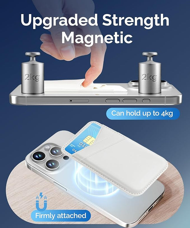 SS Magnetic Card Wallet Compatible with iPhone 16 15 14 13 12 Pro Max Plus Series - Strongest Magnetic Leather Card Holder Stick on for Apple Cell Phone, Mag Safe Wallet for Women Men (White)