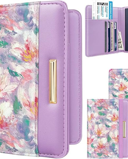 Passport Holder Cover Travel RFID Blocking Passport Cover Rose Gold Cute Flowers Passport Wallet with Elastic Band for Women