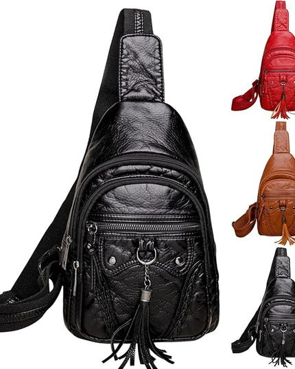 Peicees Leather Sling Bag For Women Waterproof Crossbody Bag Chest Bag Fashionable Small Backpack Purse For Travel Hiking