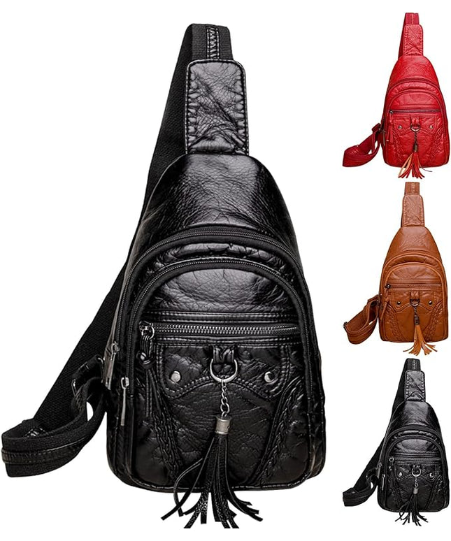 Peicees Leather Sling Bag For Women Waterproof Crossbody Bag Chest Bag Fashionable Small Backpack Purse For Travel Hiking