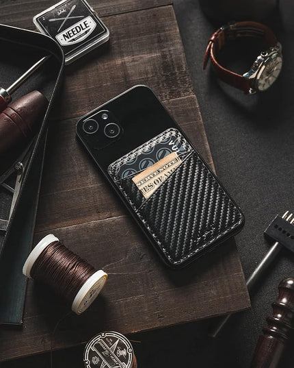 VULKIT Phone Card Holder Wallet Leather Adhesive Pocket RFID Blocking Credit Card Sleeves Stick Back of Phone Smartphones Carbon Fiber Black