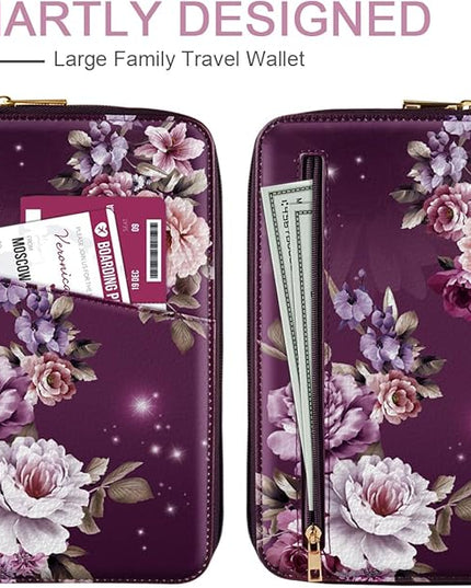 Family Passport Holder Wallet RFID Blocking Document Organizer PU Leather Mulit-purpose Travel Wallet Credit Cards Case for Women Men,Purple Flowers