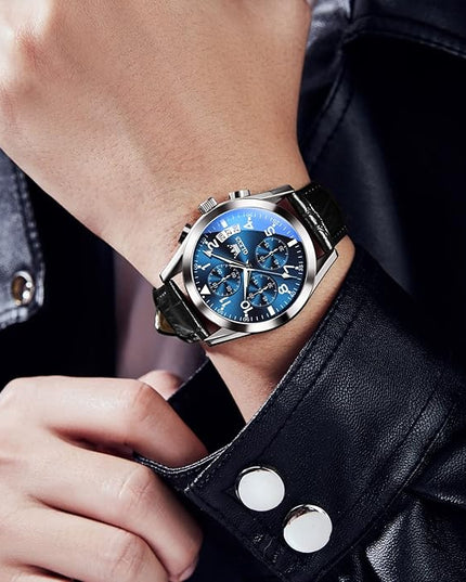 OLEVS Leather Chronograph Watch Men - Leather Strap (Brown/Black), Work Luminous Waterproof Analog Quartz Dress Wrist Watch with Blue/Black/Brown/White Dial