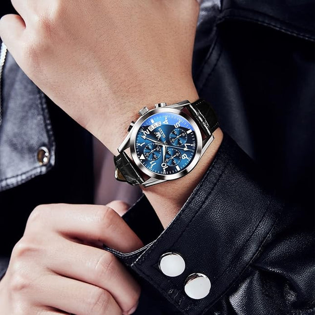 OLEVS Leather Chronograph Watch Men - Leather Strap (Brown/Black), Work Luminous Waterproof Analog Quartz Dress Wrist Watch with Blue/Black/Brown/White Dial