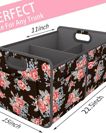 Homeve Trunk Organizer, Car Storage, Reinforced Handles, Collapsible Multi-Compartment, Foldable, Waterproof, Sturdy, 600D Oxford Polyester For Car, SUV, Mini-Van, Peony, 2 Compart