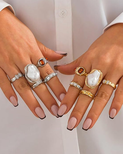 Chunky Gold Rings for Women Non Tarnish Statement Flower Ring Baroque Pearl Stackable Rings Set 6Pcs Chunky Jewelry