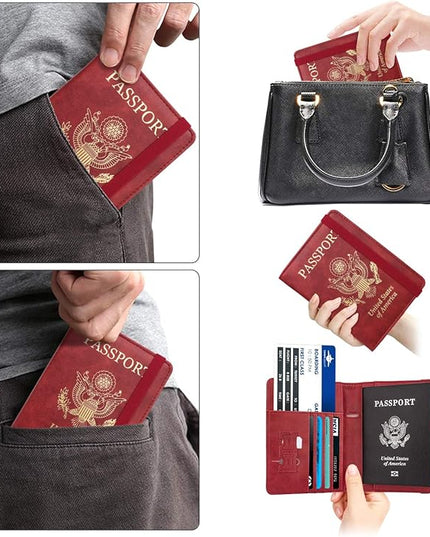 WALNEW Passport Holder for Travel, RFID Passport Cover Wallet for Women Men, PU Leather Passport Book Card Holder Case with Pen, Travelling Essentials for Flying
