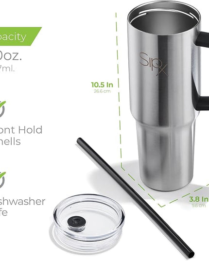 SIPX™ 30 oz Insulated Tumbler with Handle & Straw – Vacuum Insulated Stainless Steel, Leakproof, Cupholder Friendly – Perfect for Iced Coffee, Water & Travel – Stainless