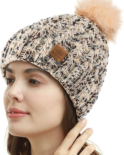 PAGE ONE Womens Winter Ribbed Beanie Crossed Cap Chunky Cable Knit Pompom Soft Warm Hat