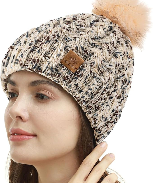 PAGE ONE Womens Winter Ribbed Beanie Crossed Cap Chunky Cable Knit Pompom Soft Warm Hat